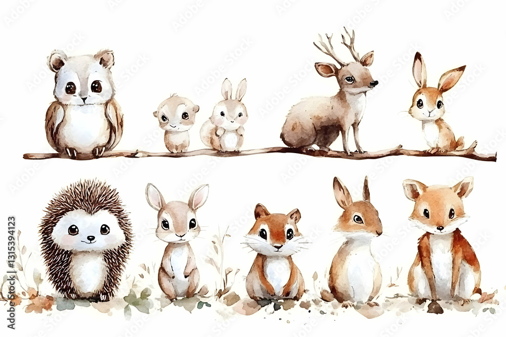 Naklejka premium Adorable Watercolor Forest Animals