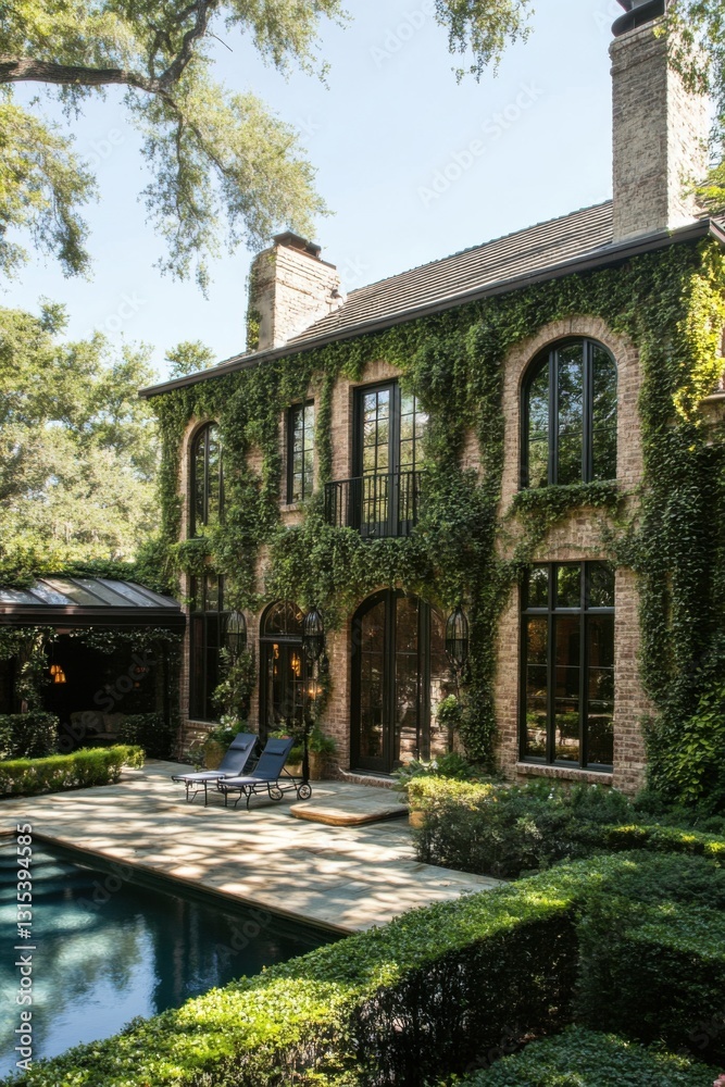 Discover a captivating backyard oasis featuring a beautiful ivy-covered house, complete with a serene pool surrounded by a sunlit garden retreat Discover a captivating backyard oasis featuring a beautiful ivy-covered house, complete with a serene pool surrounded by a sunlit garden retreat