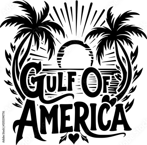 Stylized Gulf of America Vector Graphic - Palm Trees and Sunset Heart Design for Tropical Vibes