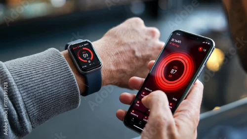 smartwatch and smartphone with digital red interface showing ai powered technology connection and innovation