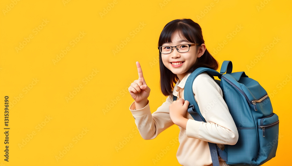 happy young Asian student elementary school girl and backpack ready to school pointing finger up isolated on yellow copy space background, studio lighting. with white shades happy young Asian student elementary school girl and backpack ready to school pointing finger up isolated on yellow copy space background, studio lighting. with white shades