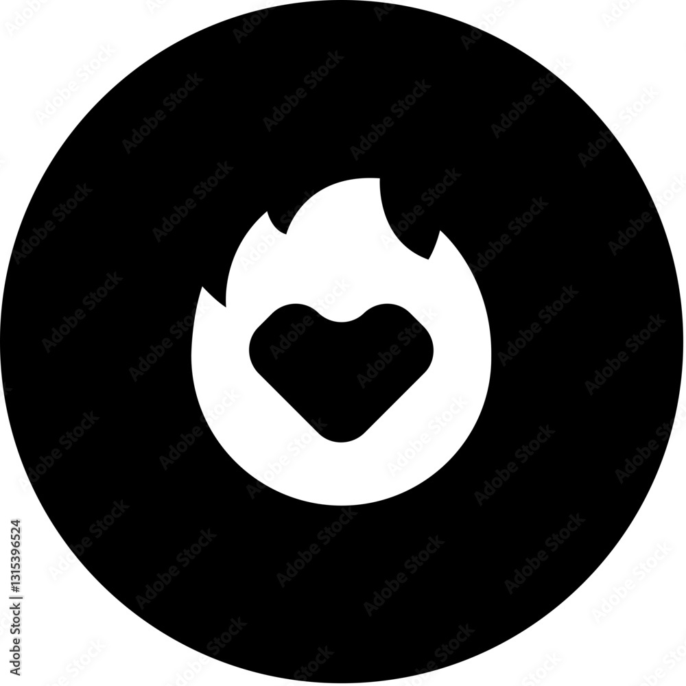 A Fiery Heart Symbol Representing Passionate Love And Unwavering Devotion, Depicted In Bold White Against A Stark Black Circular Backdrop A Fiery Heart Symbol Representing Passionate Love And Unwavering Devotion, Depicted In Bold White Against A Stark Black Circular Backdrop