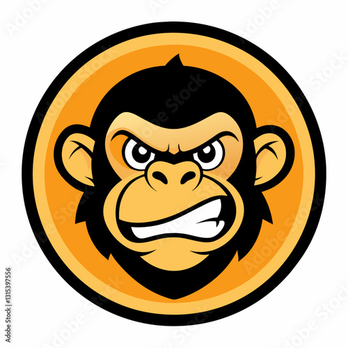 an angry monkey face mascot head is a logo or sticker or icon. The monkey face features a frown and fierce expression, set against a yellow circular background, vector cartoon illustration