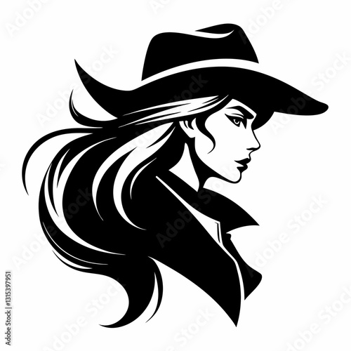 a beautiful woman wearing a stylish hat with long flowing hair, portrayed in an elegant artistic vector illustration