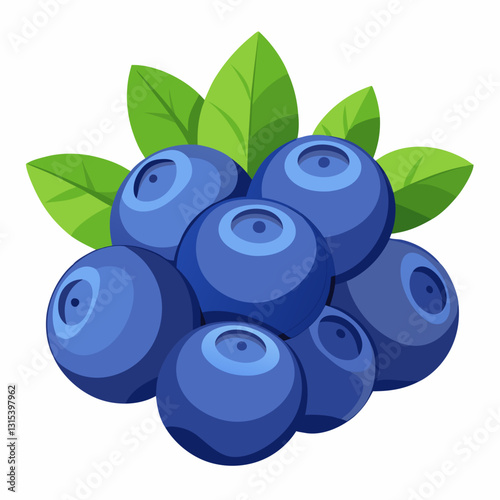 a close-up illustration of ripe blueberries with green leaves. The blueberries are plump and juicy, with a vibrant blue color. vector cartoon illustration