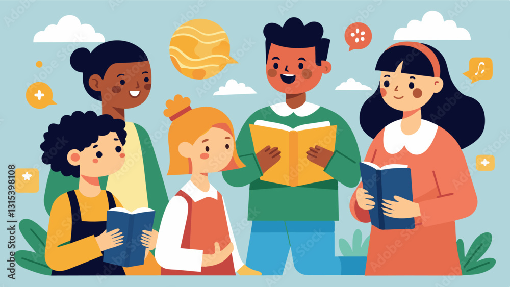 As students practice their new language they also share stories and traditions from their own cultures further enriching the experience for everyone.. Vector illustration As students practice their new language they also share stories and traditions from their own cultures further enriching the experience for everyone.. Vector illustration