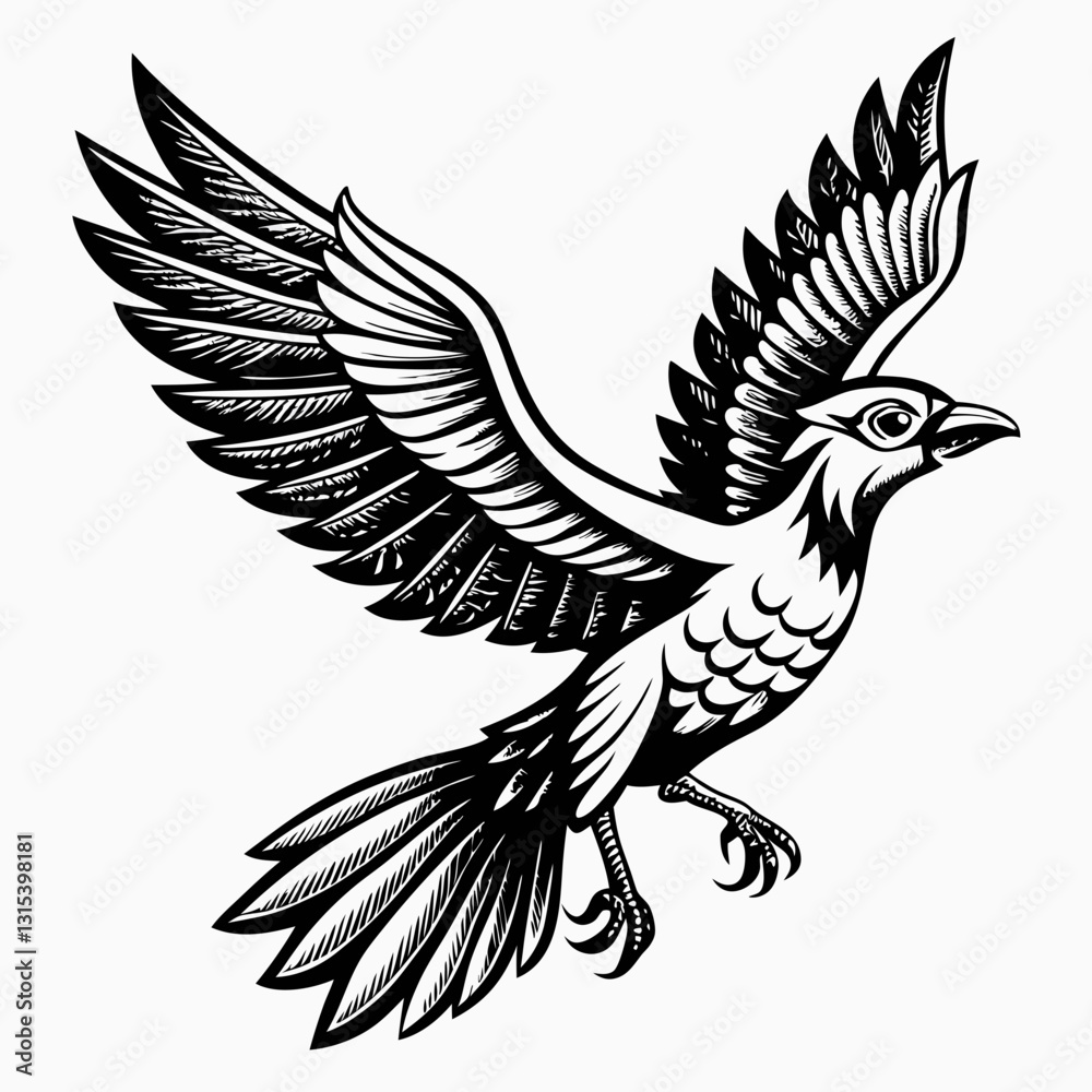 Fototapeta premium a graceful bird soaring with open wings. The bird's intricate details create a stunning monochrome image. vector illustration