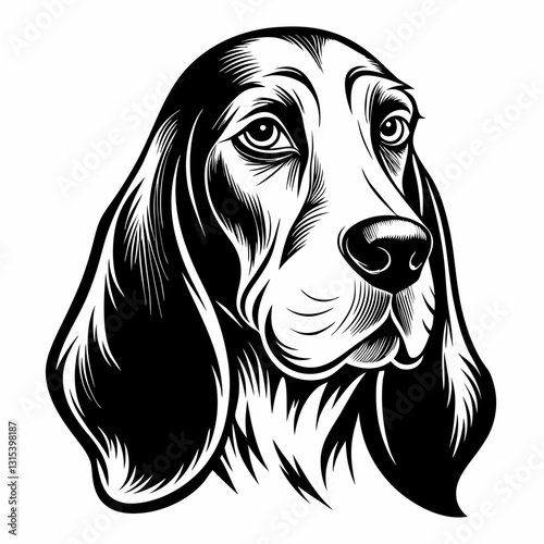 a detailed black and white illustration of a basset hound dog with a soulful look, vector illustration