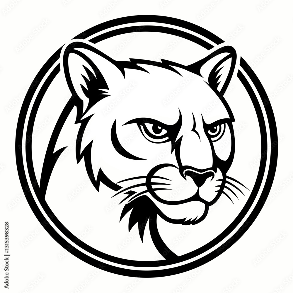 Obraz premium an illustration of a cougar mascot head in a circle, a black and white design. The cougar has a stern expression and the circle adds a sense of focus. vector cartoon illustration