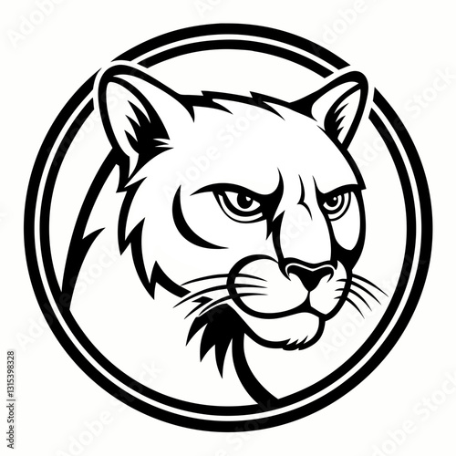 an illustration of a cougar mascot head in a circle, a black and white design. The cougar has a stern expression and the circle adds a sense of focus. vector cartoon illustration