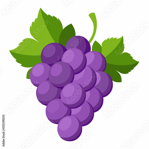 a bunch of vibrant purple grapes with fresh green leaves. The grapes look juicy and inviting, ready to be enjoyed, vector cartoon illustration