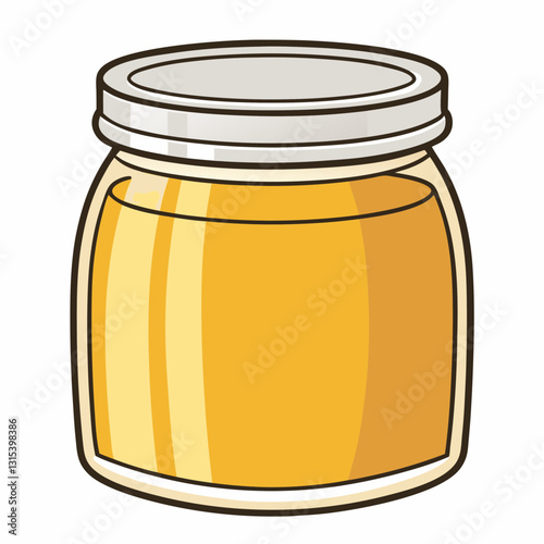 a jar of fresh, golden honey with a silver lid, vector cartoon illustration