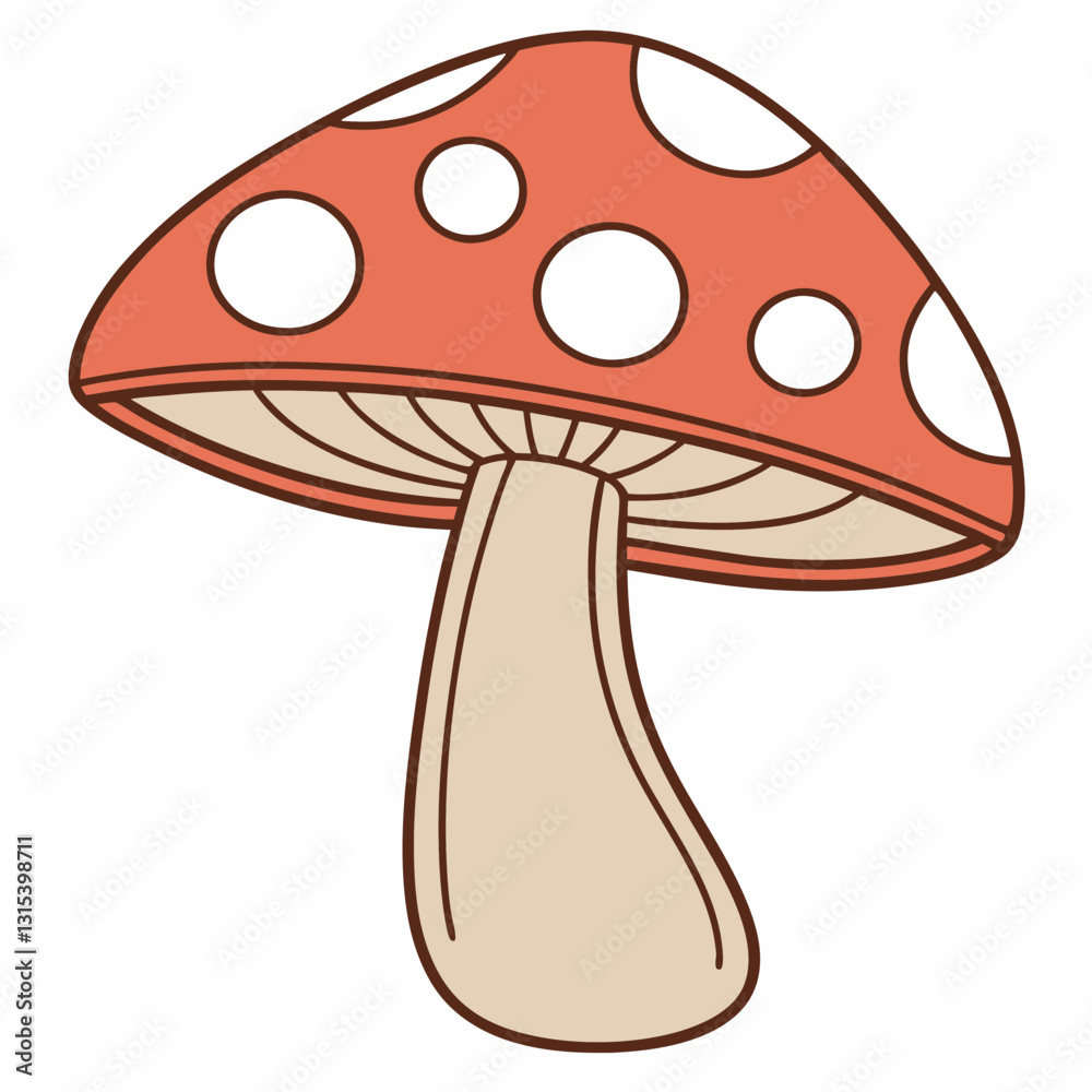 a stylized illustration of a mushroom with a red cap and white spots. The mushroom has a beige stem, vector cartoon illustration a stylized illustration of a mushroom with a red cap and white spots. The mushroom has a beige stem, vector cartoon illustration