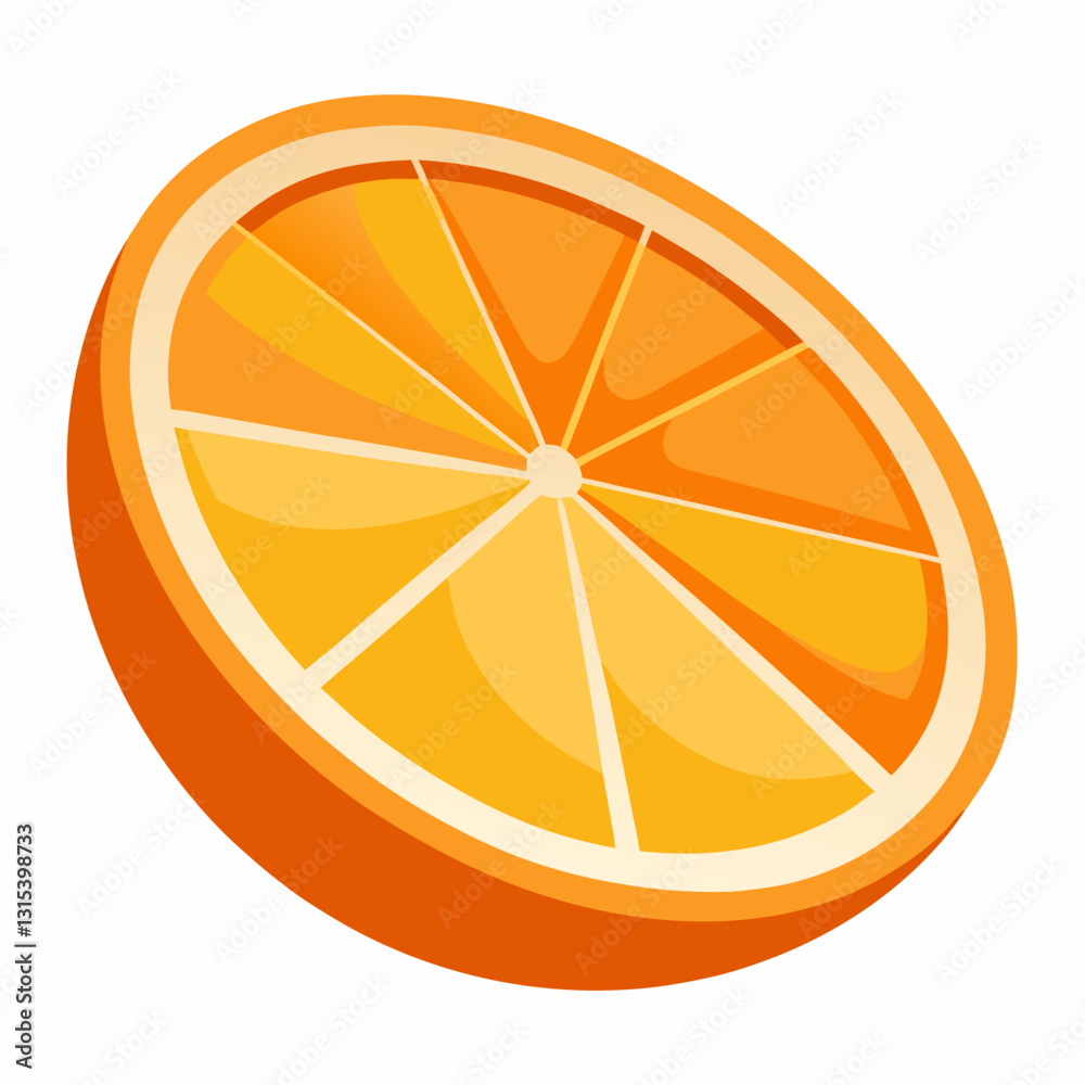 A close-up illustration of a juicy, sliced orange, showcasing its vibrant, appetizing segments, vector cartoon illustration