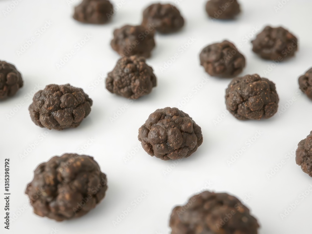 Several black truffles arranged on pristine white surface, organic, earth Several black truffles arranged on pristine white surface, organic, earth