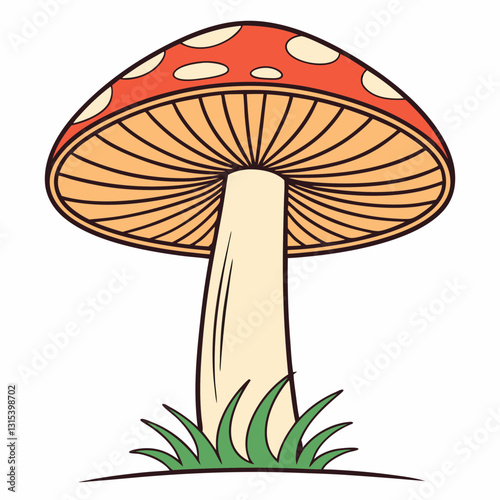 a colorful illustration of a mushroom with a red cap dotted with white spots, resting on a patch of grass, vector cartoon illustration