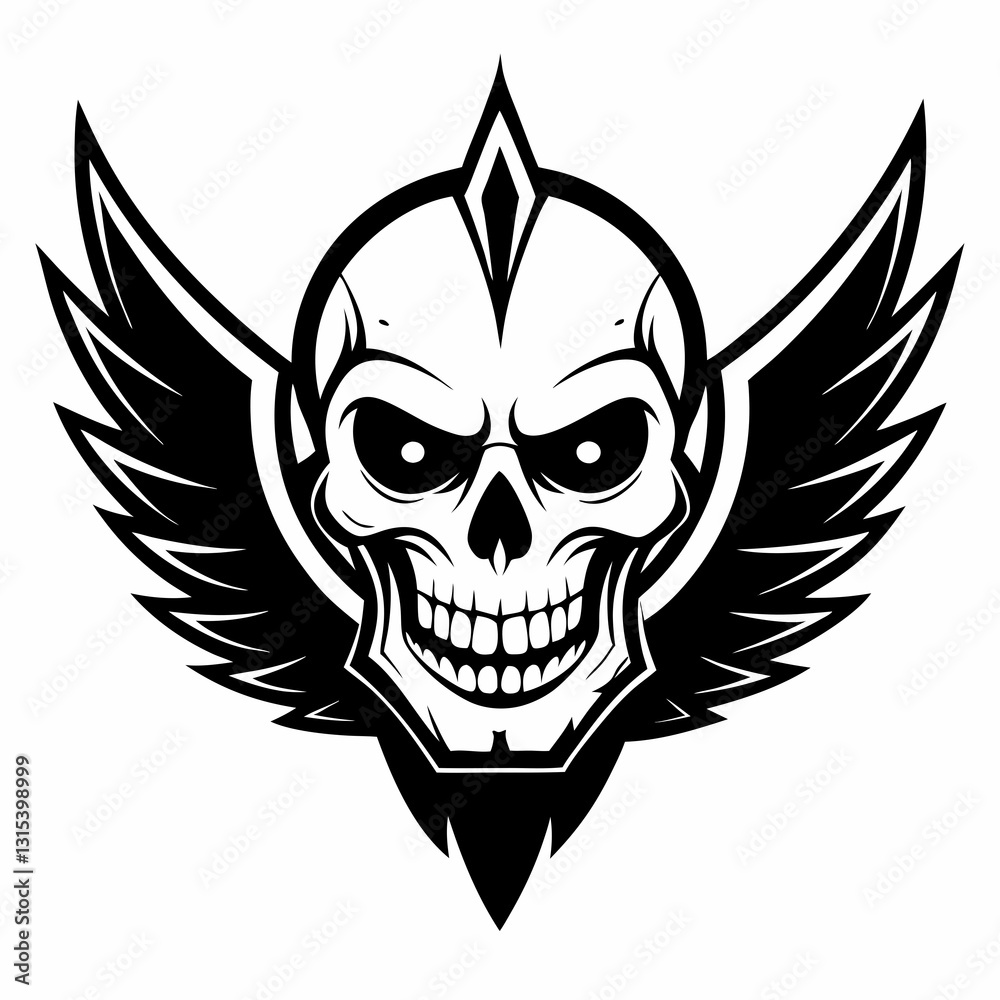 a stylized skull with wings, depicted in bold black lines. It has a menacing expression, vector illustration a stylized skull with wings, depicted in bold black lines. It has a menacing expression, vector illustration