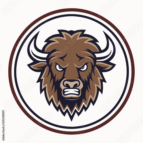 a strong bison mascot head logo with a serious facial expression in a circle, vector cartoon illustration