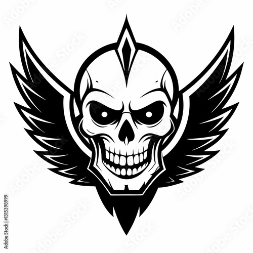 a stylized skull with wings, depicted in bold black lines. It has a menacing expression, vector illustration