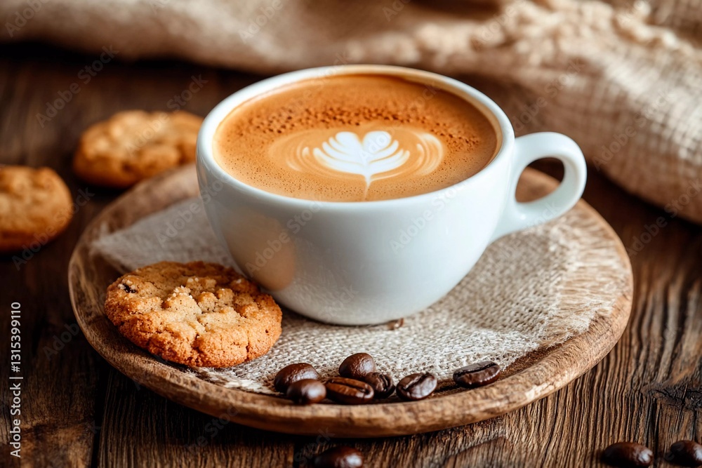 A steaming cup of coffee sits on a handcrafted wooden plate beside freshly baked cookies. The cozy atmosphere is complemented by warm, inviting colors and textures A steaming cup of coffee sits on a handcrafted wooden plate beside freshly baked cookies. The cozy atmosphere is complemented by warm, inviting colors and textures