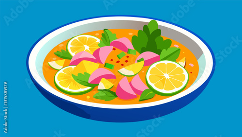 Vibrant ceviche made with chunks of salmon mixed with a refreshing blend of orange juice cilantro and thinly sliced radishes.. Vector illustration