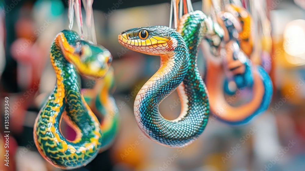 Obraz premium Colorful Craft Snake Toys Hanging at a Market Stall