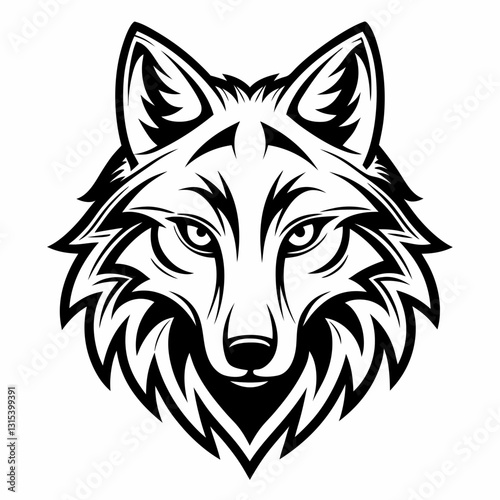 a majestic wolf mascot head, expertly rendered in black and white, staring directly forward, capturing the animal's intense gaze, vector illustration