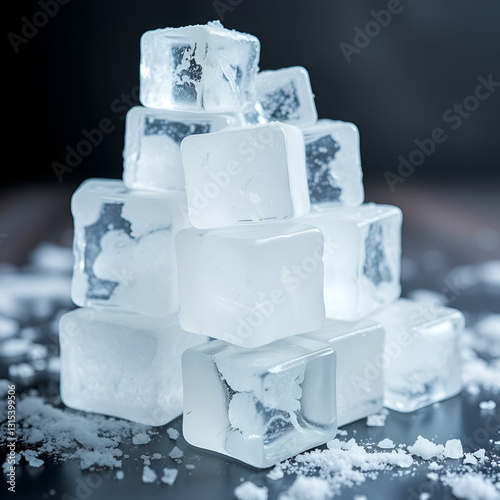 A collection of ice cubes stacked on a table, creating a cool and refreshing image, Macro image of sugar crystals, AI Generated