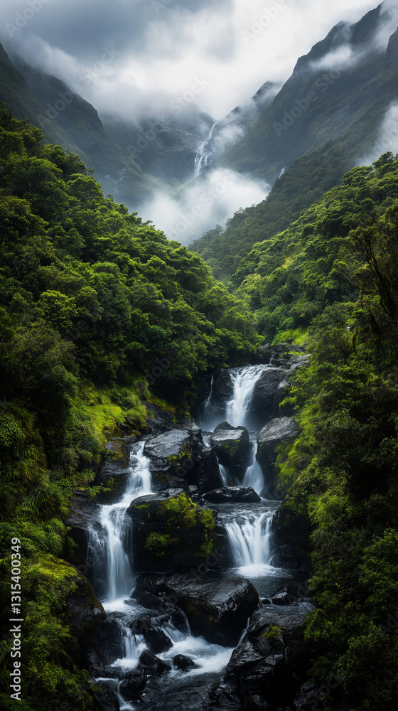 Obraz premium Majestic Waterfall Cascading Over Mossy Rocks