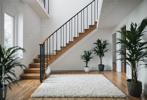 A modern interior design featuring a white shag rug and potted plants placed on either side of a staircase with wooden steps.