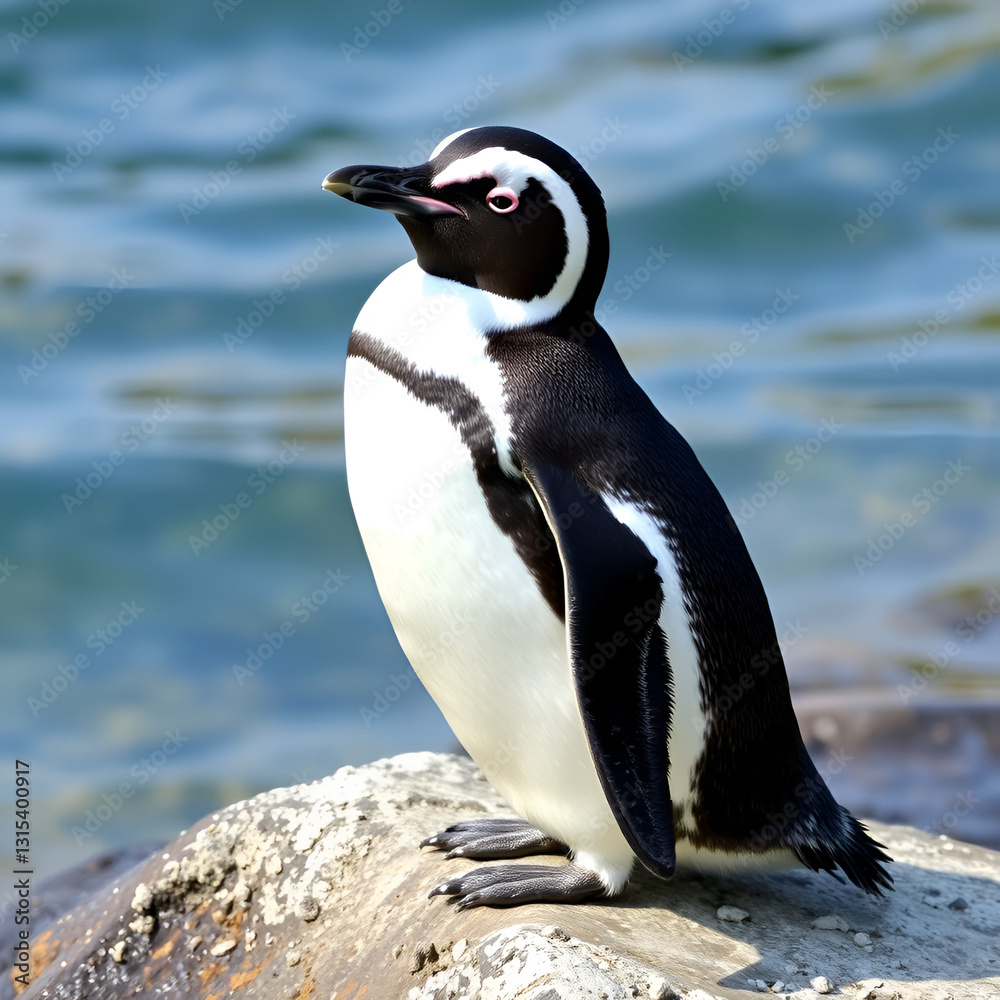 Fototapeta premium Humboldt penguin (Spheniscus humboldti) on a rock on the edge of the water.