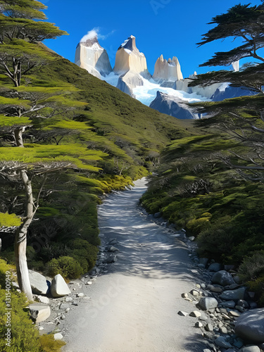 Hiking trail towards Refugio Grey and Glacier Grey, surrounded by austral forests in Torres del Paine National Park, Patagonia, Chile, at sunny day and blue sky.