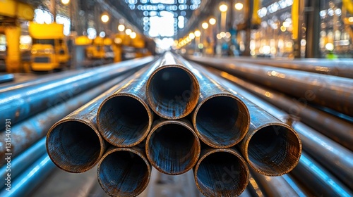 Metal pipes are stacked tightly inside of an industrial building