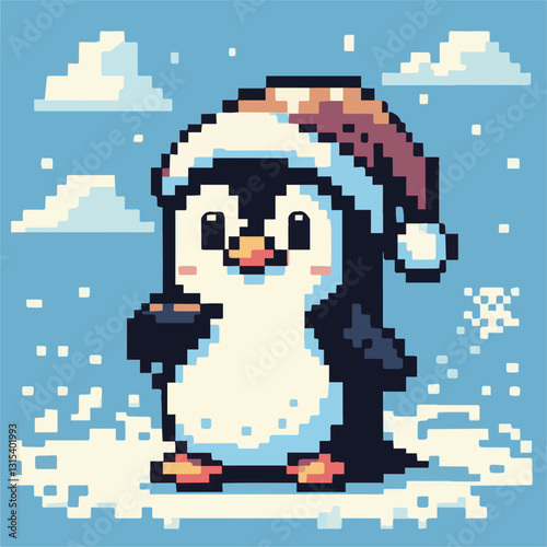 Illustration of a penguin in pixel art style. Vector graphics. EPS.