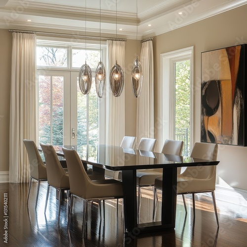 Beautiful dining room with modern furniture and large windows
