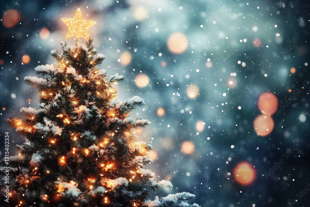 Naklejka premium Christmas tree with holiday decorations and sparkling lights