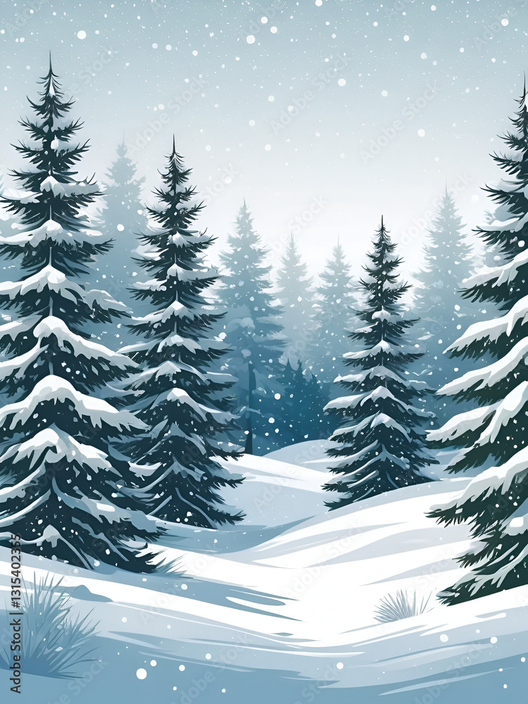 Fototapeta premium Snowy winter forest vector illustration. Fir trees and falling snow new year nature background