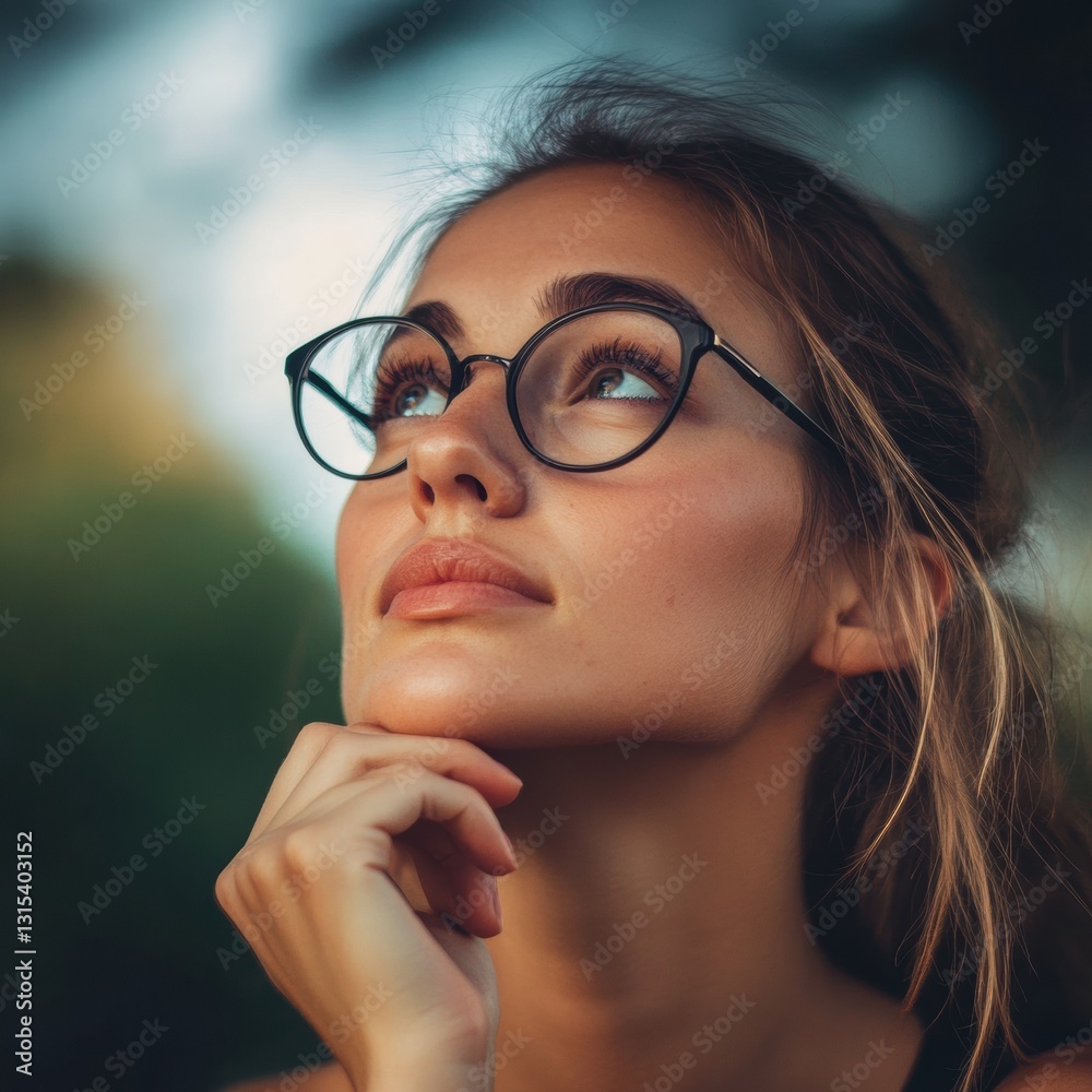 Young woman thinking while looking up against a natural background during golden hour in a calm outdoor setting Young woman thinking while looking up against a natural background during golden hour in a calm outdoor setting