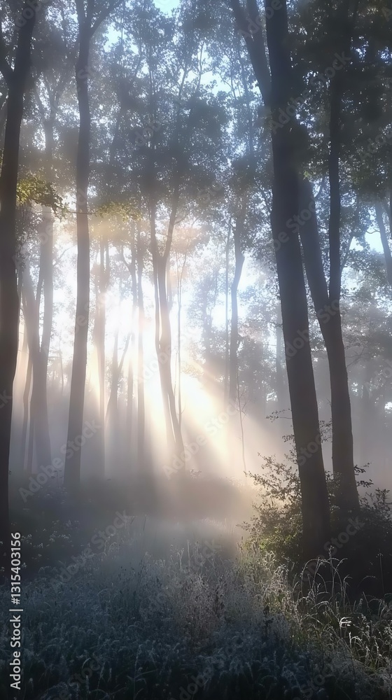 Naklejka premium Misty forest with sunlight rays piercing through trees, creating a serene and enchanting atmosphere in early morning.
