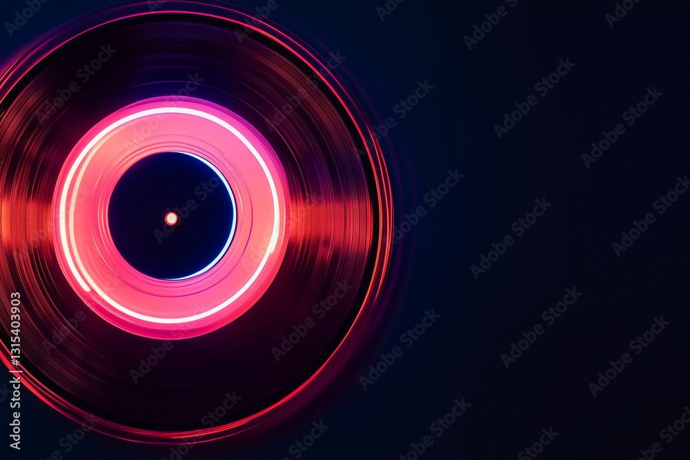 Glowing neon sign of a vinyl record against a solid background Glowing neon sign of a vinyl record against a solid background