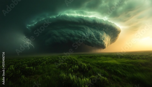Supercell storm over plains sunset