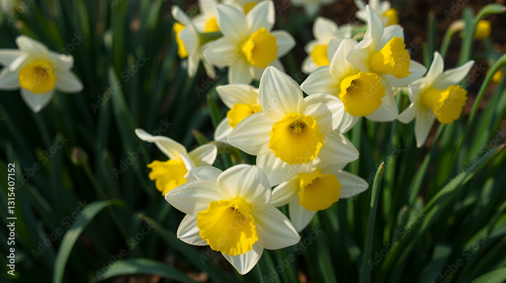 White daffodil flowers during springtime. Bunch of white daffodil flowers in the garden White daffodil flowers during springtime. Bunch of white daffodil flowers in the garden