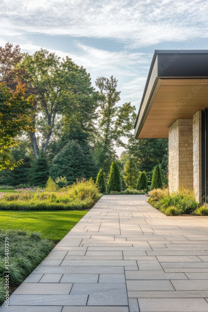 Naklejka premium A breathtaking modern landscape features a charming stone pathway surrounded by vibrant greenery, creating a serene outdoor atmosphere illuminated by the golden hour's warm light