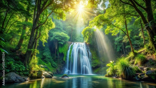 Waterfall in dense forest amidst lush greenery with sunlight filtering through trees, nature