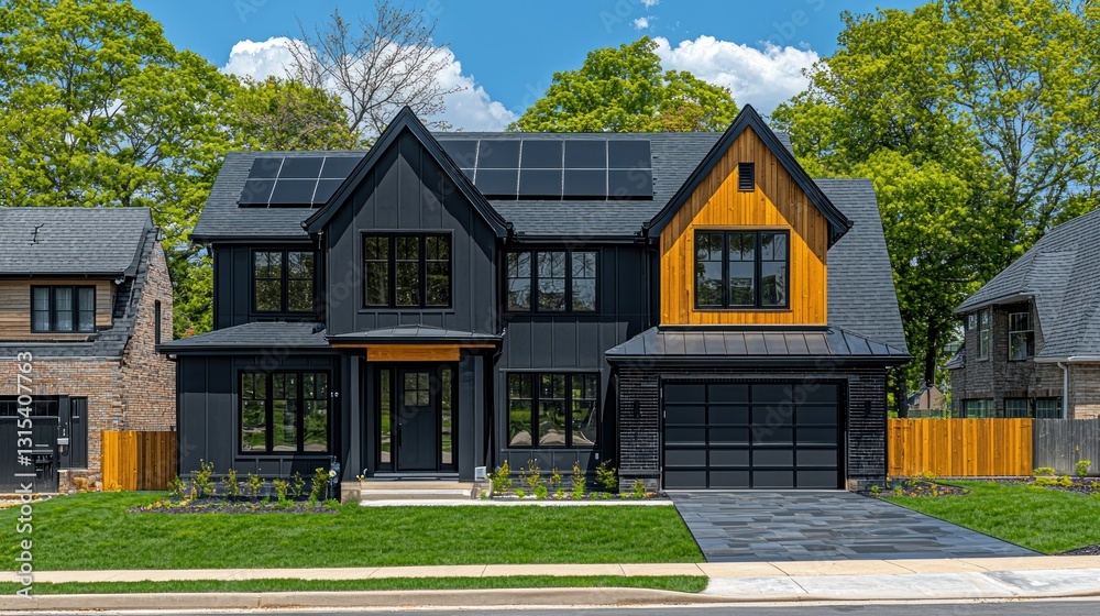 Modern, two-story house with black exterior, wood accents, solar panels and landscaped yard Modern, two-story house with black exterior, wood accents, solar panels and landscaped yard