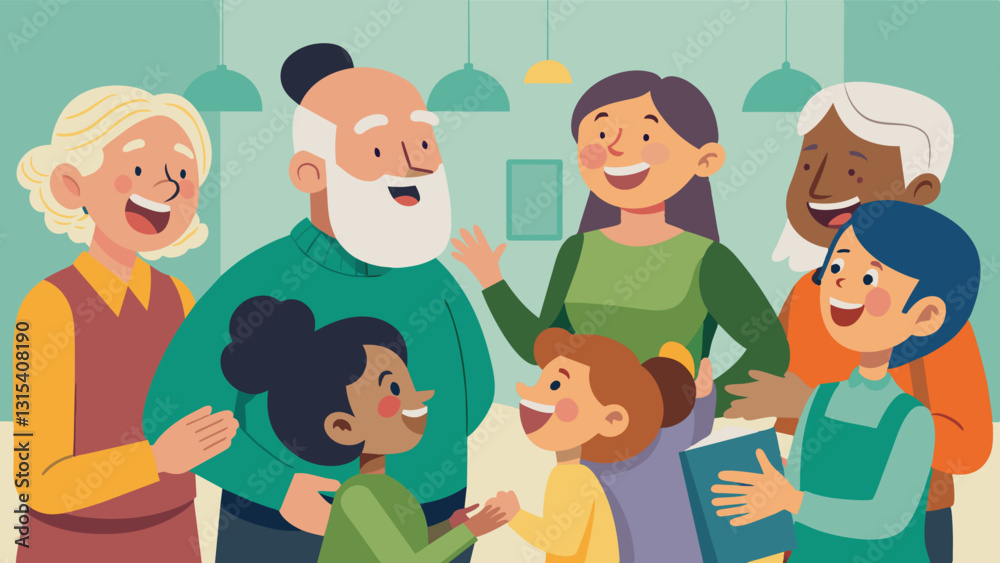 The community center is filled with the sound of laughter as lively conversations about days gone by are shared between elders and children.. Vector illustration The community center is filled with the sound of laughter as lively conversations about days gone by are shared between elders and children.. Vector illustration