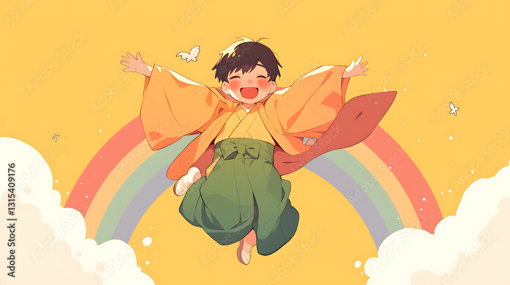 Joyful child in traditional attire jumping with arms wide open under a rainbow and butterflies Joyful child in traditional attire jumping with arms wide open under a rainbow and butterflies