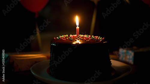 Dark-brown chocolate cake stands amid warm celebration in moody low-key lighting