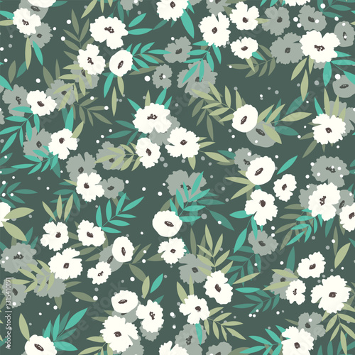 Seamless floral pattern based on traditional folk art ornaments. Colorful flowers on color background. Scandinavian style. Sweden nordic style. Vector illustration. Simple minimalistic pattern.
