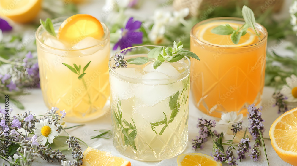 Fototapeta premium Refreshing summer drinks with citrus fruits and herbs garnished with lavender and chamomile flowers. Perfect for a hot summer day.
